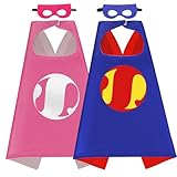 Mizzuco Superhero Capes for Kids Cloak with Mask Halloween Costumes and Party Dress up 2PCS（Pink + Sea Blue