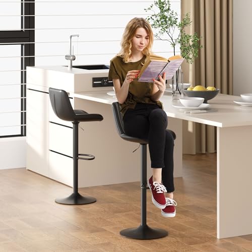 JAMFLY Bar Stools Set of 2, Swivel Bar Height Chairs Set of 2, Adjustable Tall Leather Bar Stools for Kitchen Island, Black - Thumbnail 3