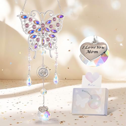 Emibele Christmas Crystal Suncatcher Gifts for Mom, Butterfly Suncatcher with Heart Charm I Love You Mom, Hanging Butterfly Home Window Decoration, Gifts for Women on Birthday Mother's Day, Silver