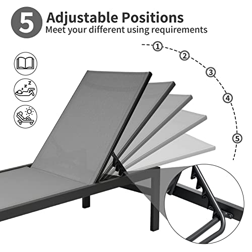 Lymjard Patio Chaise Lounge 3 Pcs Aluminum Lounge Chair Sets Outdoor 5 Position Adjustable, All Weather For Pool Beach Patio Backyard Lawn And Garden,Side Table Included (Gray) #TOP2