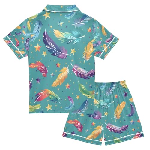 senya Colorful Feather Star Satin Summer Pajama Sets Silk Short Sleeve Button Down Sleepwear2
