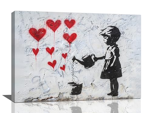 xiilo Banksy Girl Wall Art Heart Pictures Street Graffiti Canvas Wall Decor Kids Aesthetic Painting Pop Home Modern Artwork Decorations Framed for Living Room Bedroom Bathroom Office 24 x 16 inch