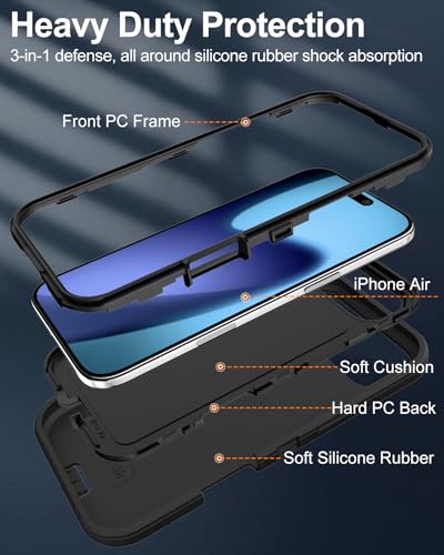 Image of for iPhone Air Case with Port Cover, Rubber Matte Finish, Black | 3-Layer Heavy Duty Armor, 16ft Drop Protection, Non-Slip Shockproof & Anti-Fingerprint