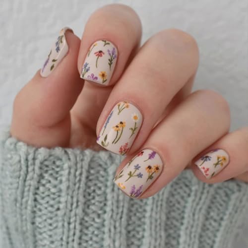 Flower Press On Nails Short Square Fake Nails Spring Floral Nails Press Ons Colorful Flower Acrylic Nails Glossy Stick On Nails Full Cover Glue On Nails For Women Manicure 24Pcs