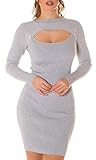 Taille unique : 34/36/38 Koucla Mini robe business à manches longues en maille côtelée avec décolleté, gris, Taille unique