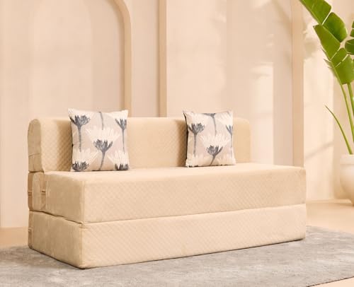 Image of uberlyfe Xtra High, Xtra Soft 3 Seater (5' x 6') Sofa Cum Bed | 1 Year Warranty | 17 inch Sofa Height |Queen Size Foldable Bed | Plush Laser Quilted Fabric |2 Cushions Bloom Pattern |Champagne Beige Color