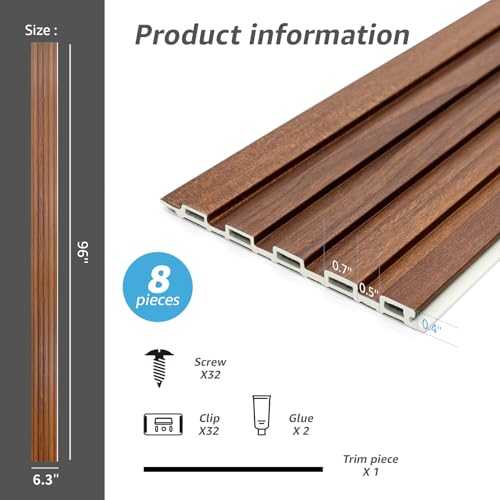 Image of Art3d 96 x 6 Inch WPC 3D Wood Textured Slat Wall Panels, 8-Pack, Teak