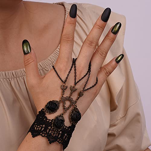 Kercisbeauty Black Rose Floral Lack Bracelet with Finger Ring Gothic Hand Chain Retro Gold Metal Pendant Wrist Chain for Women Halloween Party (Style 5)2