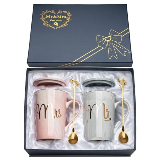 Regalos de Boda para Los Novios, 2PCS Tazas Regalos Originales para Parejas, Regalos de Bodas Originales, Navidad Regalo Pareja, Regalo Aniversario Pareja, 400ml Tazas Parejas con Tapa y Cuchara