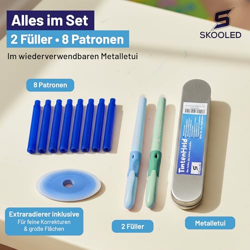 SKOOLED Tintenheld radierbarer Füller 2er Set Hellblau und Mintgrün - kein Tintenkiller nötig, geschützte Feder, ergonomischer gummierter Griff, blaue schnelltrocknende Tinte, 8 Patronen, Metalletui