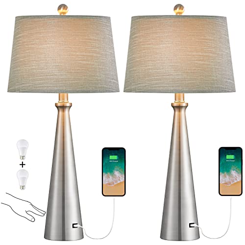 Oneach 3-Way Dimmable Touch Control Modern Usb Table Lamp Set Of 2 For Living Room Bedroom Bedside Nightstand Lamps Fabric Shade 25.8" Vintage Accent Light Silver #TOP3