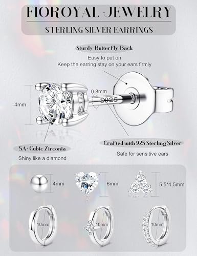 FIOROYAL 7 Pairs 925 Sterling Silver Stud Post Earrings Set for Women Girls,Hypoallergenic Small Stud Hoop Earring,Multiple Piercing Cartilage Earrings Stack Dainty Ball Heart Studs Cubic Zirconia E - Image 2