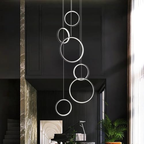 Lámpara de techo LED para escaleras altas y salones de diseño con seis anillos negros