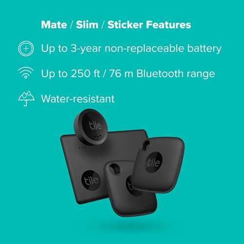 Tile Essentials (2022) Bluetooth Item Finder Set,Pack of 4 (2 Black Mates,1 Slim,1 Sticker),Works with Alexa and Google Smart Home,iOS and Android Compatible, Find your Keys, Wallets, Remotes and More