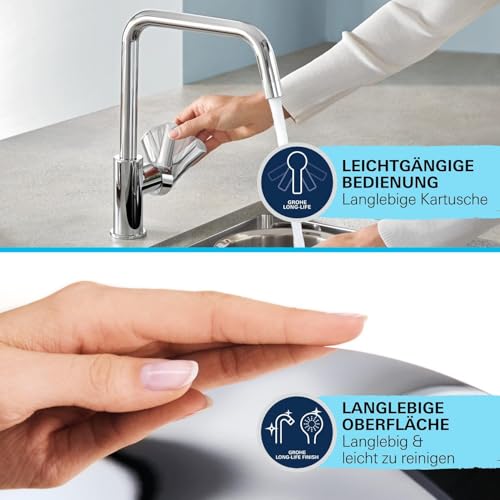 GROHE StartEdge, Küchenarmatur mit hohem Auslauf (Wasserhahn für die Küche, 360° schwenkbar, Spültischarmatur mit Keramikkartusche und langlebiger Oberfläche, werkzeugfreie Montage), chrom, 30529001