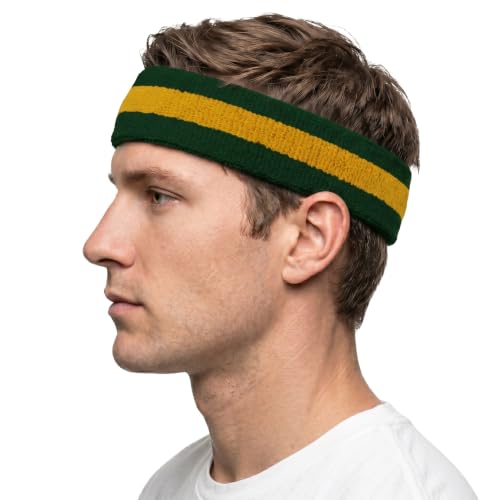 COUVER 2 Color Stripe Terry Sports Headband, Golden Yellow/Dark Green