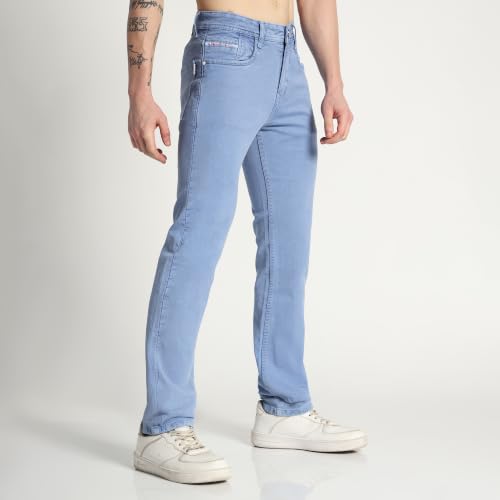 Image of Cotton Comfort Fit Jeans for Men | Full-Length Solid Denim Pants with Button Closure, Embroidered Design, Mid-Rise Casual Trousers for Daily | Classic Jeans for Office Bottoms (DI-249)