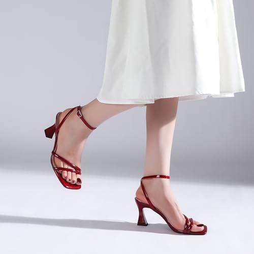 Image of Goderci Women's Kitten Strappy Mid heels Square Open Toe Ankle Strap Heeled Sandals