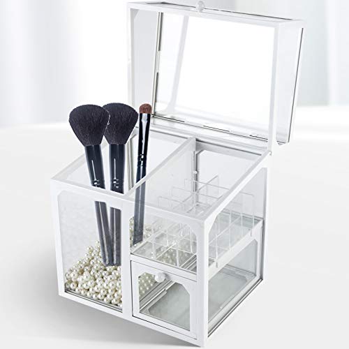 HighFree Makeup Brush Holder with Dustproof Lid, Cosmetic Storage Display Case, Glass Multifunctional Makeup Organizer with White Border for Brushes Lipsticks (No Pearls)