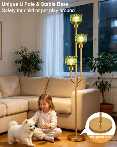 Image of Lightdot 3-Lights Modern Glass Floor Lamp 66IN Gold Dimmable Floor Lamps with 3000K Warm White Bulbs for Wedding Party Tall Standing Lamp with Green Glass Shade for Living Room /Bedroom /Home Decor