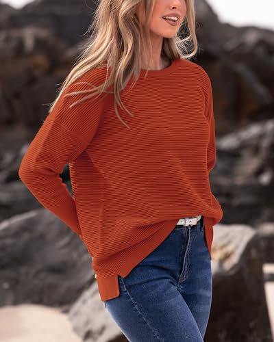 BTFBM Casual Women 2025 Fall Sweater Long Sleeve Ribbed Knit Pullover Loose Crewneck Batwing Split Sweater(Orange Red,Large) — view 6