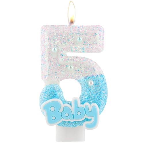 Blue Baby Birthday Number Candles, Birthday Candles for Cake, Glitter Number 5 Candle Cake Topper with Sequins for Baby Boys Girls, Baby Baptism Birthday Party Cake Decorations