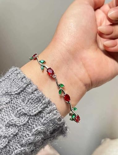 Image of Fairy Bloom Floral Tulip Bracelet With Red Green Crystal Stones For Girls & Women | Elegant Anti Tarnish Golden Chain Link Floral Branches Bracelet | Lightweight Jewellery For Daily Wear & Gifts