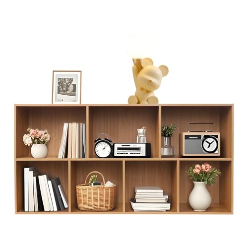 C-Juzarl Bücherregal 60cm hoch mit 7 Fächern, Würfelregal 120x24 cm, Aufbewahrungsregal, Bücherschrank Regal für Wohnzimmer, Büro, Schlafzimmer (Walnuss)