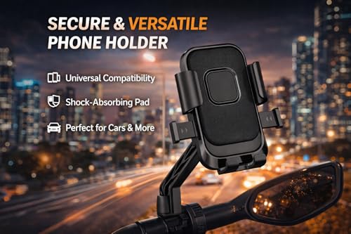 Image of MotoPro K2 Motorcycle Phone Holder for Mirror Rod | One-Touch Lock | Anti-Vibration Mount | 360 Adjustable Mobile Stand for Bikes & Scooters