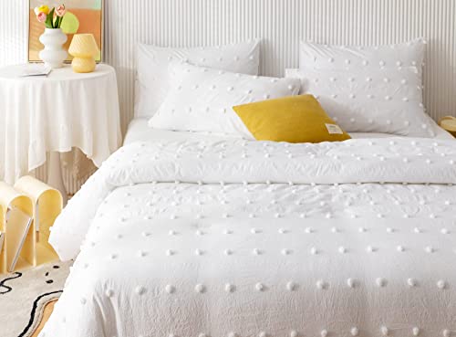 Janzaa Queen Comforter Set White Comforter Tufted Pom Pom White Bedding ,3PCS Boho Comforter Soft Jacquard Lightweight Comforter with 2 Pillow Cases for All Season