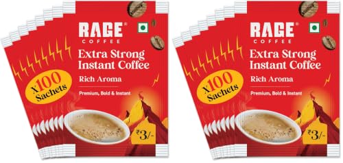 Image of RAGE COFFEE Extra Strong Premium Blend Coffee Powder|Pack Of 200|Premium, Bold & Instant|Instant Coffee & Chicory- 100% Arabica Beans For Hot & Cold Coffee|0.27 Kilograms|Sachets