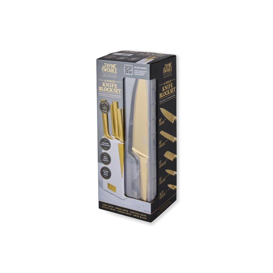 6-Piece Slim Acacia Knife Block Set With Gold Blades And White Accent Block, Affordable Knife Block Set Built To Last, Ergonomic Handles
