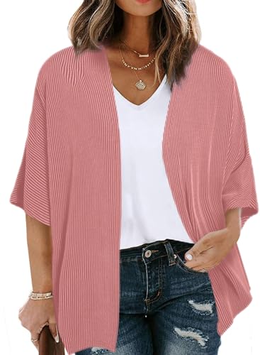 Image of Eytino Women Plus Size Lightweight Cardigan Half Sleeve Ribbed Knit Kimono Cardigans Tops(1X-5X)