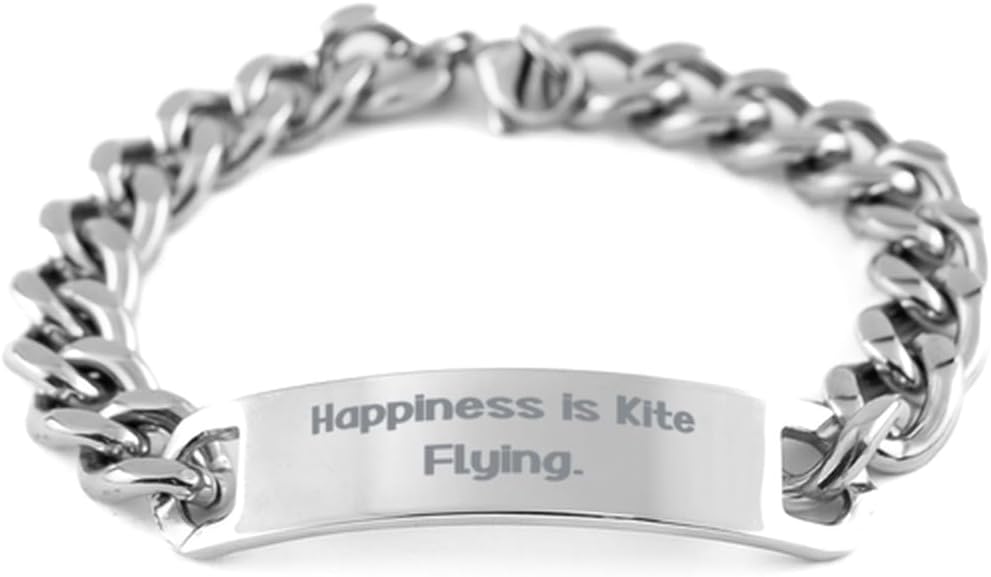 Cool Kite Flying Gifts, Happiness is Kite Flying, Inspire Cuban Chain Bracelet For Men Women, Engraved Bracelet From Friends, Kites, Outdoors, Fun, Windy days