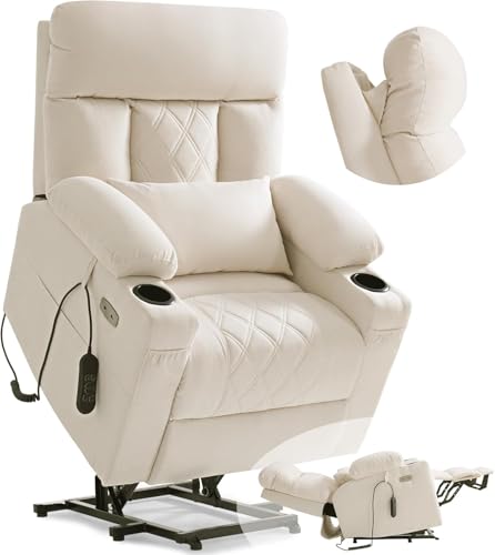 Image of BEDHOURS Tri-Motor Power Lift Recliner Chair for Elderly, Zero Gravity Infinite Position Lay Flat with Adjustable Headrest & Lumbar, Vibration Massage & Heat, Cup Holders, Ivory Rice