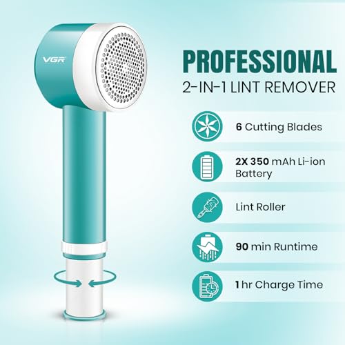 Image of VGR V-811 Professional 2-in-1 Lint Remover for Clothes | Rechargeable Fabric Fuzz Shaver with 6 Blades, USB Charging, 90 min Runtime, Corded & Cordless Use | Portable | Green