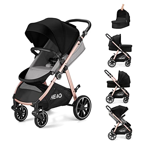 HEAO Baby Stroller for Newborn & Infant, Travel System Ready, 360 Reversible with One-Hand Fold, Black