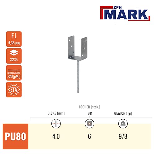 ZPH MARK Pfostenträger 80x60x120 mm - Pfostenträger zum einbetonieren fur Kantholz mit Betonanker 200 mm Pfostenschuhe - Balkenschuhe - Bodenhülse Pfostenanker 6 Stück – Bild 4