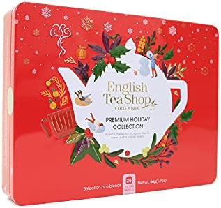 English Tea Shop Organic Premium Holiday Collection Snowflake Red Gift Tin 36 Tea Bag Sachets - 6 different flavours