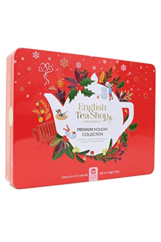 English Tea Shop Organic Premium Holiday Collection Snowflake Red Gift Tin 36 Tea Bag Sachets - 6 Different Flavours