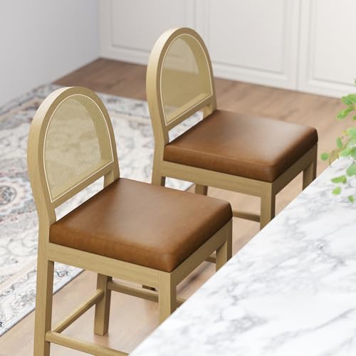 Image of Upholstered Wooden Rattan Bar Stools Set of 2, Island Chairs (Brown) | STHOUYN, Counter Height, Solid Wood, Rattan Woven Back, Faux Leather Seat, Mid-Century Modern, Kitchen