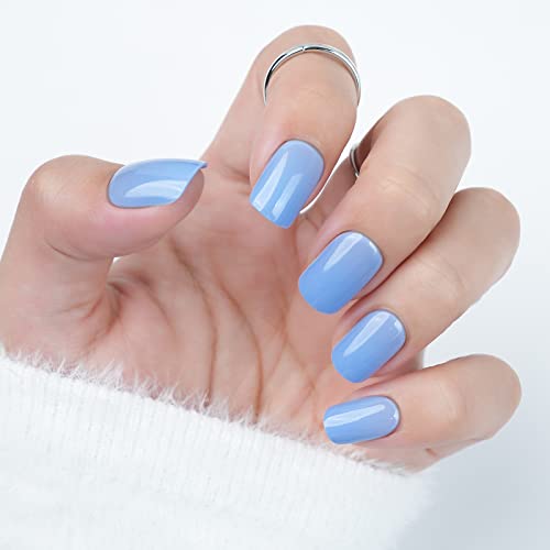 Blue Press On Nails Short, Jofay Fashion Square Fake Nails Reusable Natural Solid Color False Nails With Glue, Stick On Nails For Women Girls Gift, Acrylic Nails Tips Salon-Quality 24Pcs #TOP15