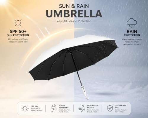 Image of Contacts Compact Folding Umbrella - Windproof Travel Umbrella with Automatic Open /Close, Waterproof, UV Protection, Portable Umbrella for Men, Women & Kids