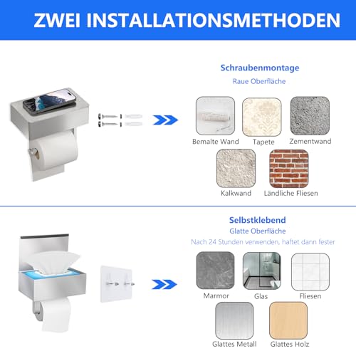 GUIGUZI Toilettenpapierhalter Ohne Bohren, Edelstahl Silber Toilettenpapierhalter Mit Feuchttücherbox, Klopapierhalter mit Ablage, Großformat WC Papier Halterung für Küche und Badzimmer