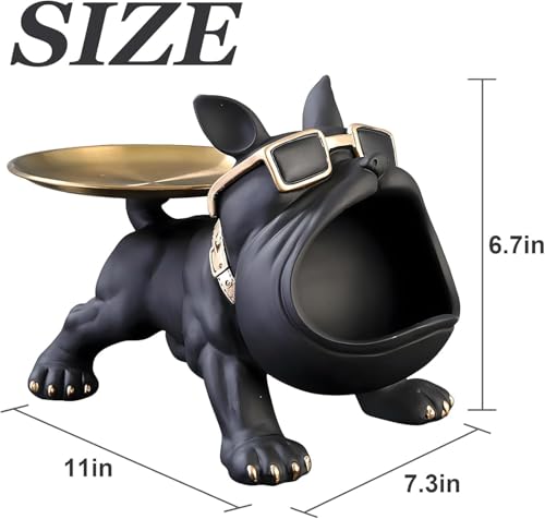 Image of Cool Bulldog Key Bowl & Accessory Tray - Matte Black & Gold Resin Dog Sculpture Multifunctional Organizer Showpiece for Keys Watches & Candy (Black & Gold, Dog with Tail Plate)