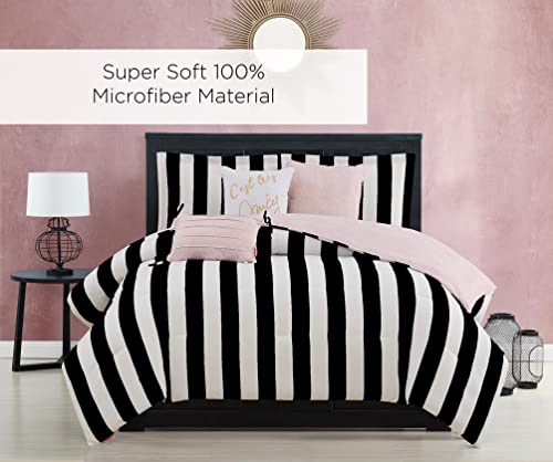 Image of Juicy Couture Cabana Stripe Reversible Bedding Set - Queen Size - Black and White Stripe Print - 6 Piece Set - Includes 1 90 inch x 90 inch Comforter, 3 Decorative Pillows, 2 Shams