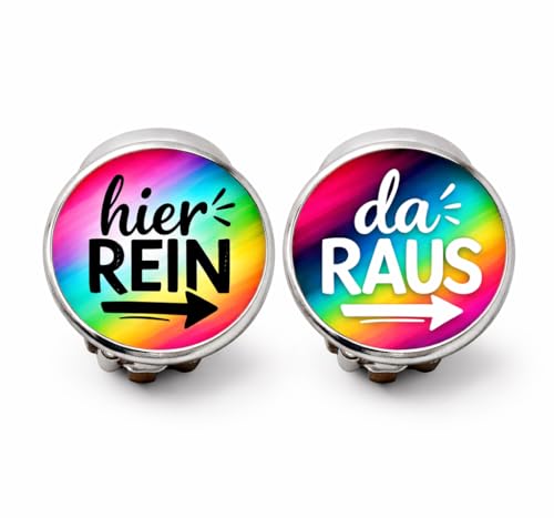 Hier rein da raus Ohrclips - lustig Spruch Spaß Gag Clip-Ohrringe Geschenk für Kinder & Damen - ohne Ohrloch - funny gift clip-on earrings (Regenbogen 12 mm)