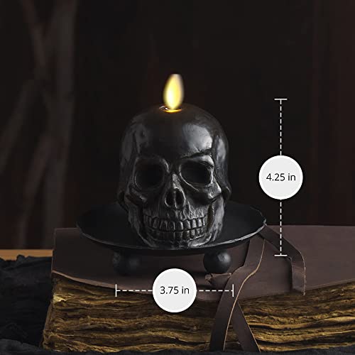 Image of Luminara Flameless Single LED Moving Flame Small Skeleton Skull Figural (3.75 inch x 4.25 inch) Real Wax LED Candle, Unscented, Timer - Black