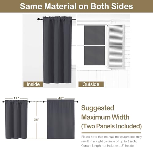 Image of Charcoal Grey Blackout Curtains for Small Window Treatment, Light Blocking Short Kitchen Window Curtains Over Sink, Dual Rod Pocket Half Window Tiers for Bathroom Basement, Each 40 inchWx36 inchL, 2 PCS