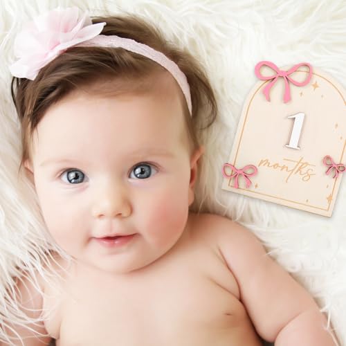 Image of JarThenaAMCS 12Pcs Wooden Baby Monthly Milestone Cards Coquette Pink Bow Marker Discs Announcement Sign Newborn Photo Props for Pregnancy Baby Shower Party Favors